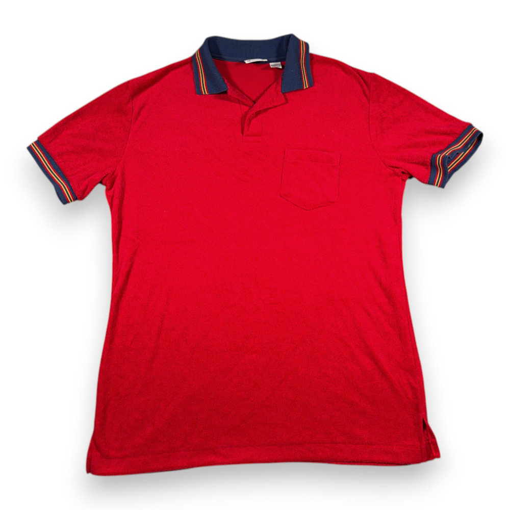 Vintage Enro Polo Shirt Adult LARGE Red Velour Schultz Terre Haute Indiana 70s